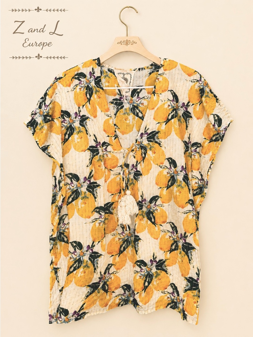 Z&L Europe Lemon Print Metallic Gauze Boho Swim Cover Up Dress Small Oversized